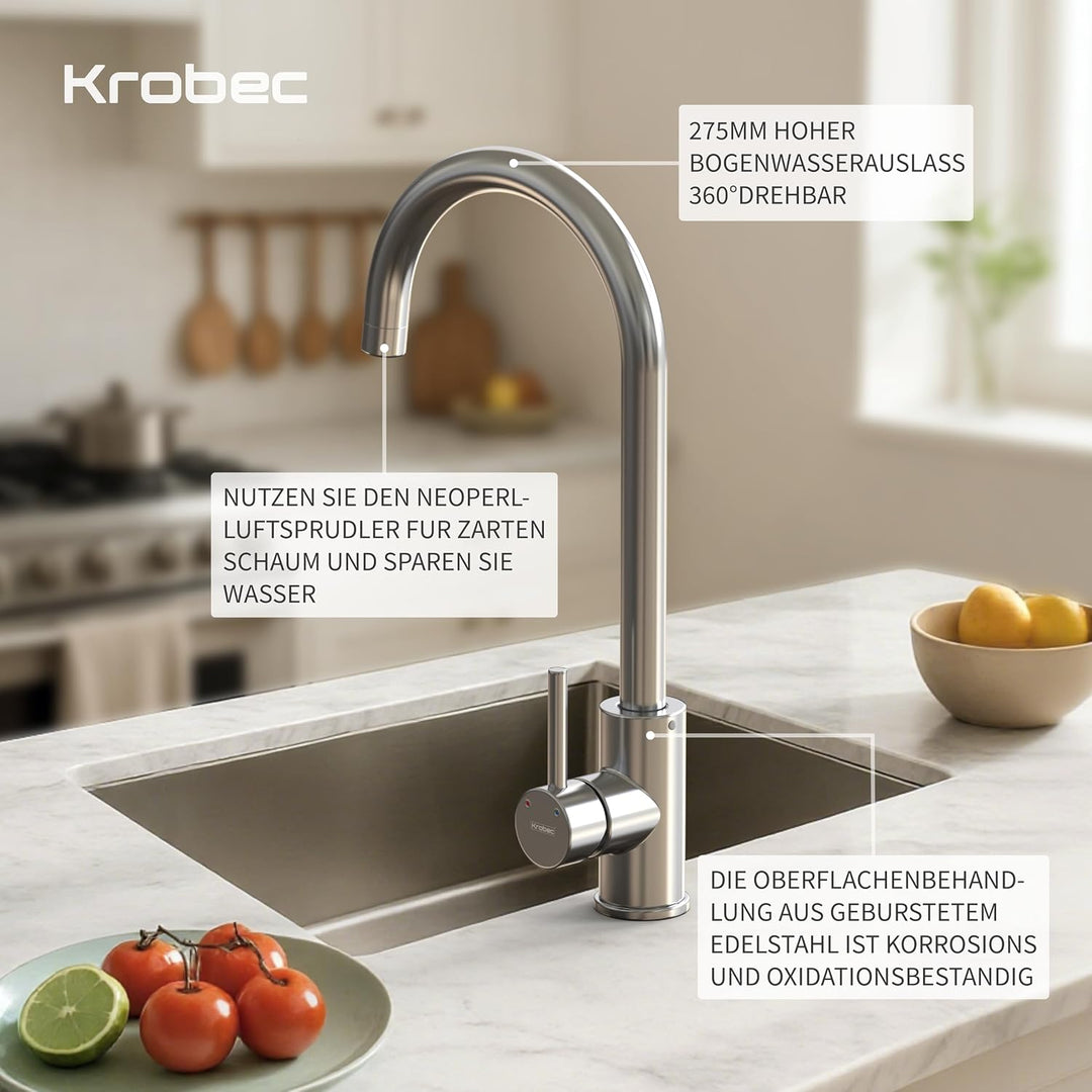 Krobec Wasserhahn Küche,Hochdruck Küchenarmatur,Mischbatterie Küche 360° Schwenkbar mit Einhebelmisc
