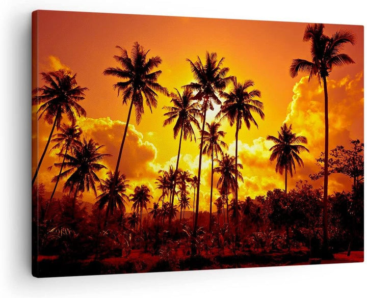 Bilder auf Leinwand Palmen Bäume Sonne Leinwandbild mit Rahmen 70x50cm Wandbilder Dekoration Wohnzim