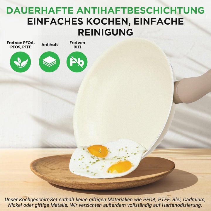 NutriChef Kochgeschirr Set 54-tlg – Pfannen, Töpfe, Küchenhelfer Taupebraun– Mit Messer, Backformen,