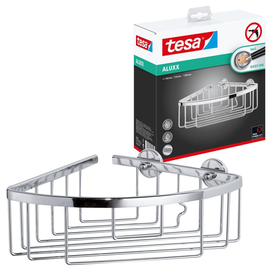 tesa ALUXX Eckduschkorb, Aluminium, verchromt, garantiert rostfrei, inkl. Klebelösung, 207 mm x 202