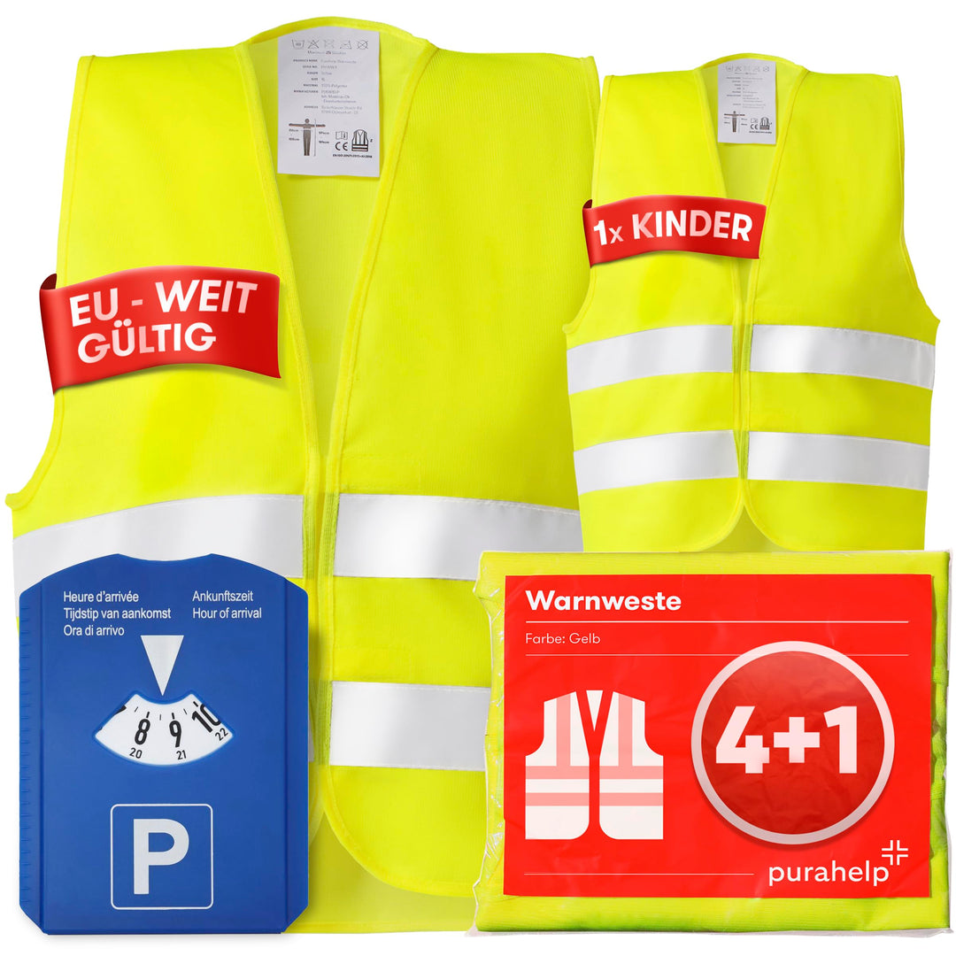 PURAHELP Warnwesten Auto 5er 4+1 Set Europaweit gültig nach EN ISO 20471 - Inkl. Parkscheibe - Refle
