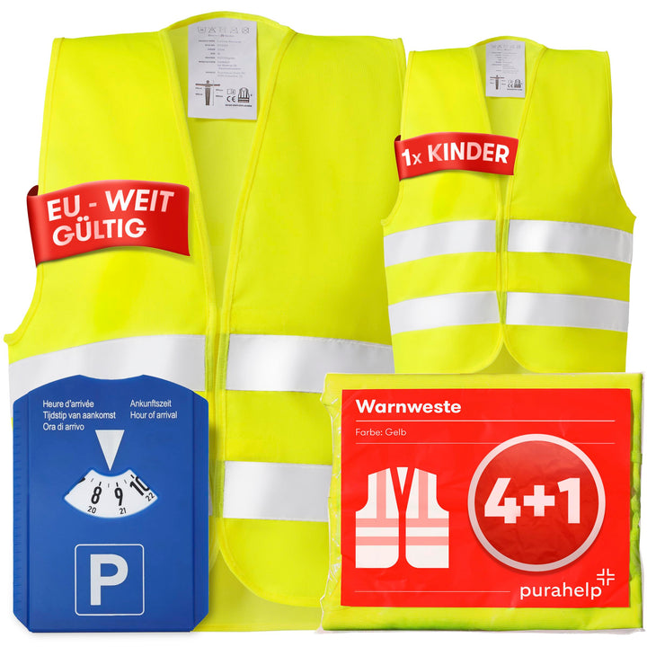 PURAHELP Warnwesten Auto 5er 4+1 Set Europaweit gültig nach EN ISO 20471 - Inkl. Parkscheibe - Refle