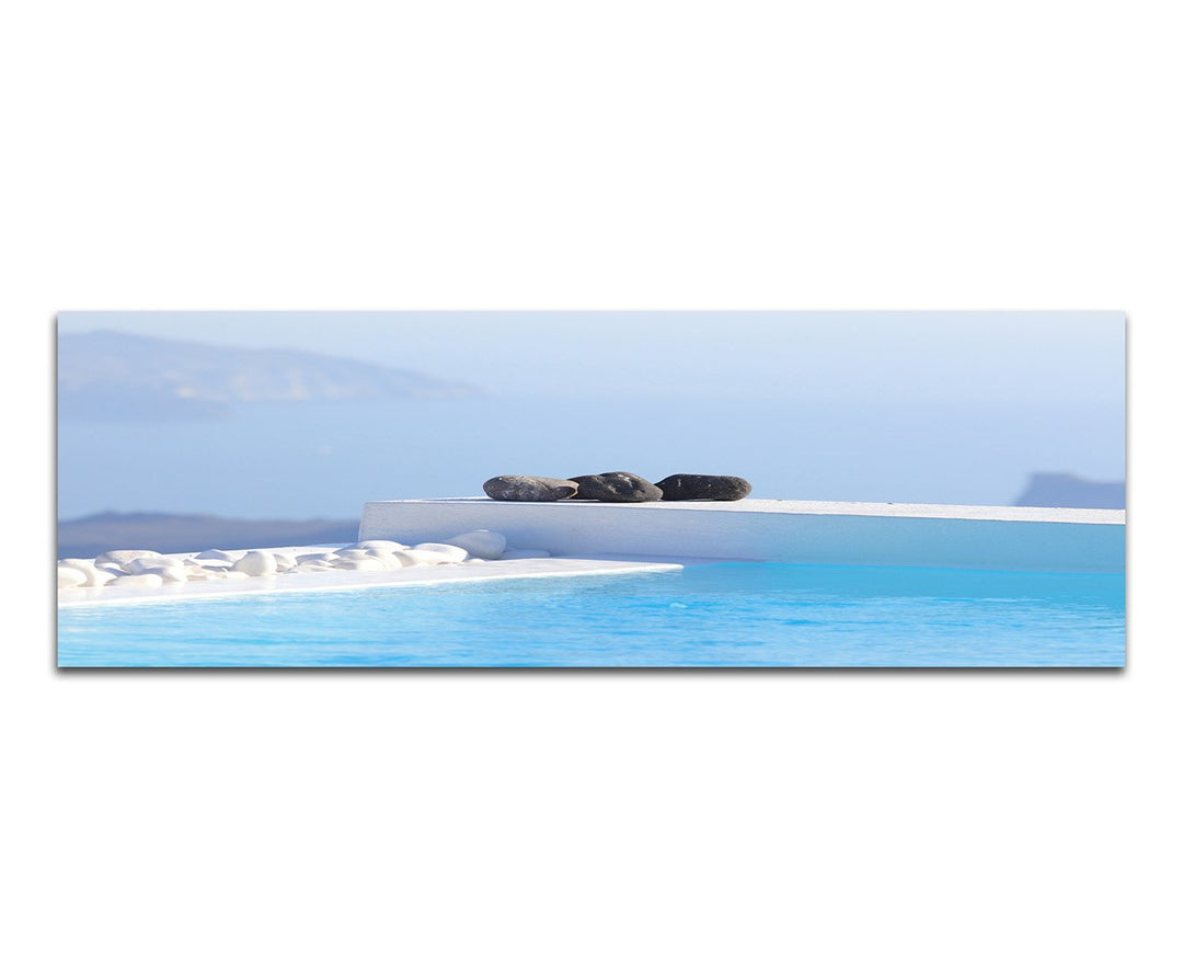 Paul Sinus Art Panoramabild auf Leinwand und Keilrahmen 120x40cm Santorini Pool Wasser Steine