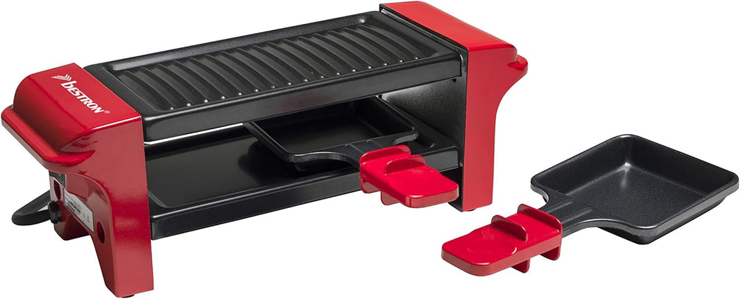 Bestron Raclette für 1 bis 2 Personen, Mini Tischgrill mit zwei Pfännchen und zwei Holzschabern, 350