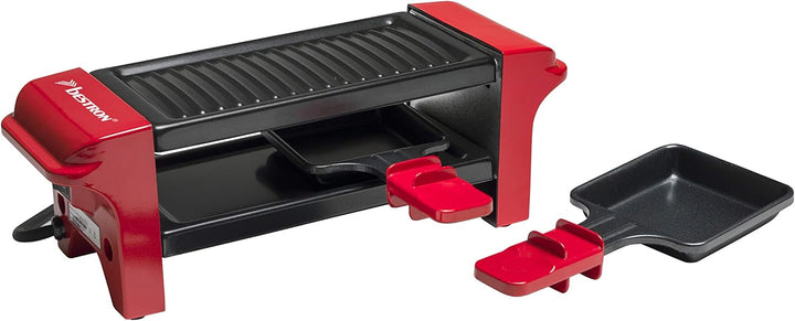 Bestron Raclette für 1 bis 2 Personen, Mini Tischgrill mit zwei Pfännchen und zwei Holzschabern, 350