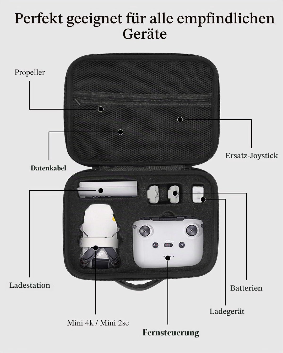 Tasche für DJI Mini 4K/2 SE Drohne, Tragbare Tragetasche für Drohne, RC-N1C Fernsteuerung, Propeller