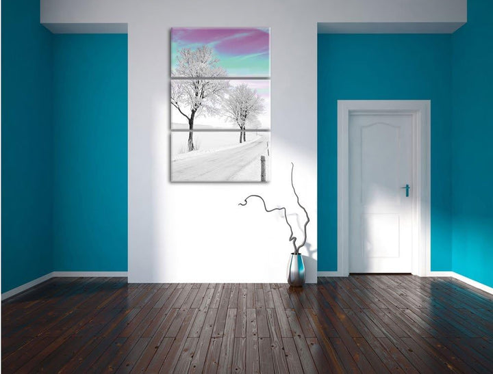 Pixxprint verschneiter Baum in Winterlandschaft als Leinwandbild/Grösse: 3 Teilig (120x80) cm/Wandbi