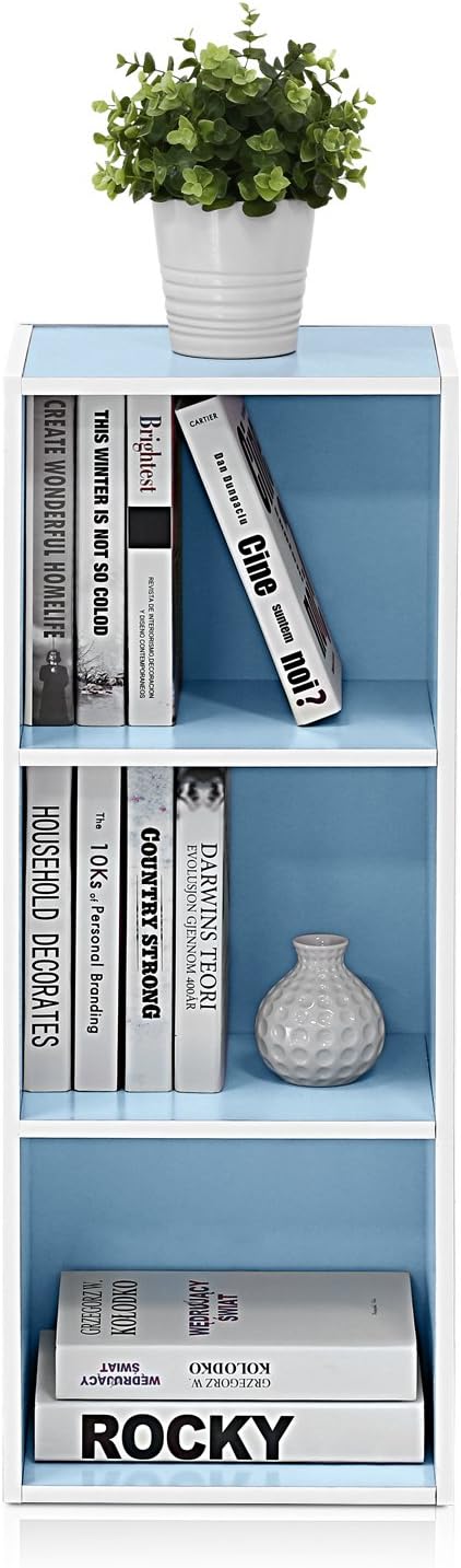 Furinno offenes Bucherregal mit 3 Fächern, Holz, Weiss/Hellblau, 30.5 x 23.6 x 80 cm 3 Fächer Weiss/