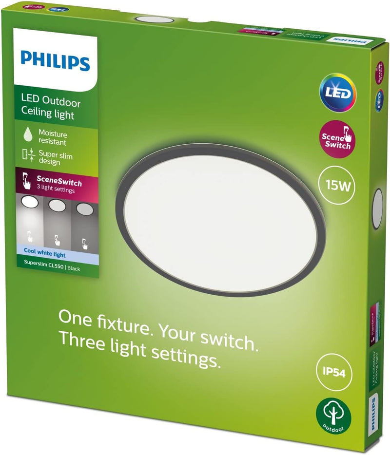 Philips Outdoor LED Deckenleuchte Superslim, schwarz, 15W, kaltweisses Licht 4.000K, 3 Lichteinstell