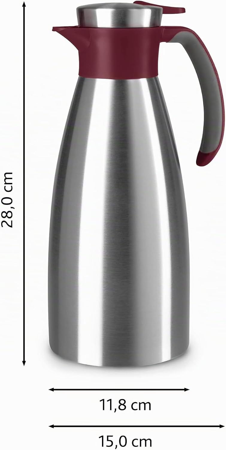 Emsa Soft Grip Isolierkanne, 1,5 Liter, Edelstahl, 12 Stunden heiss + 24 Stunden kalt, Auslaufsicher