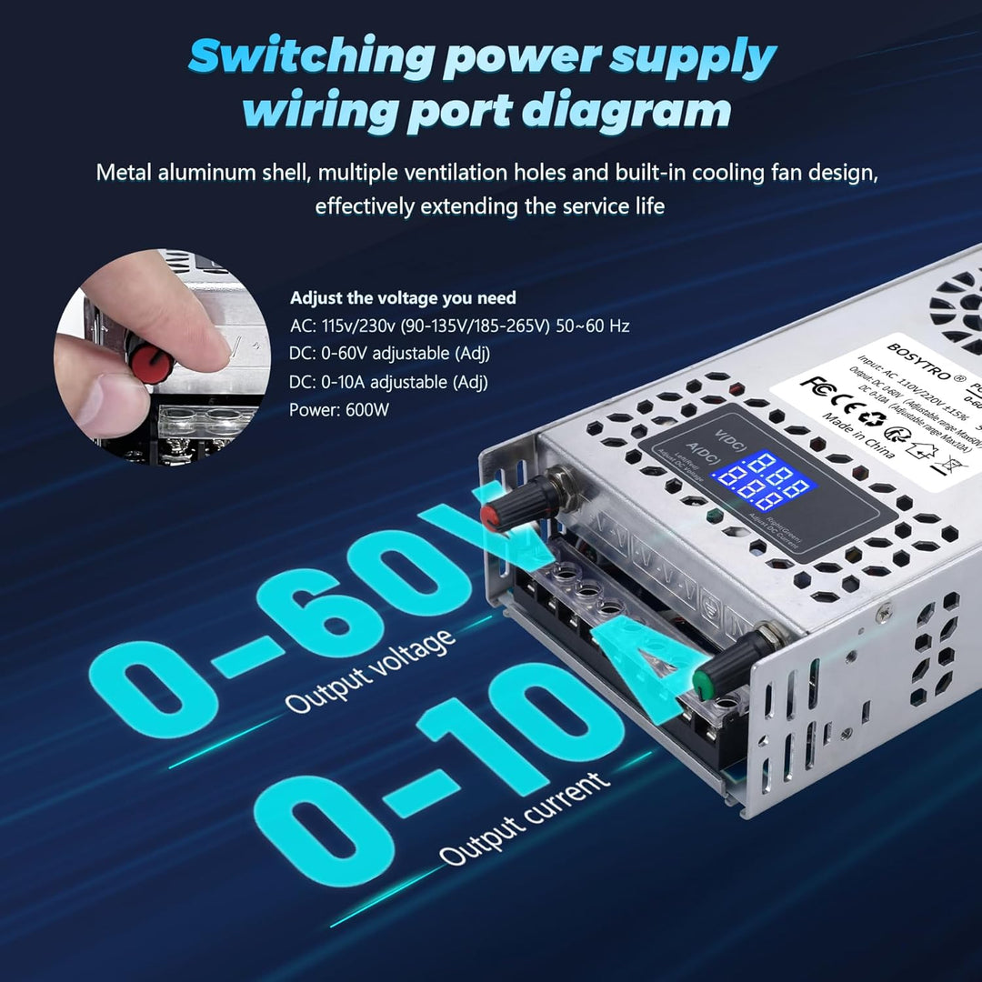 Einstellbar Schaltnetzteil AC 110V/220V to DC 0-60V Transformator 10A 600W Spannung Digitalanzeige D