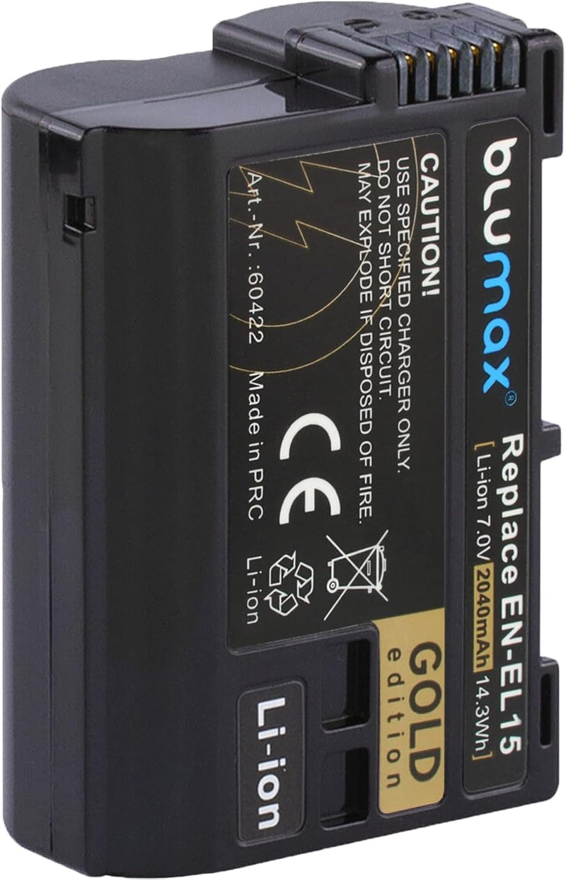 Gold Edition Blumax Akku EN-EL15 2040mAh + Doppelladegerät EN-EL15 Dual Charger | passend zu D7000 D