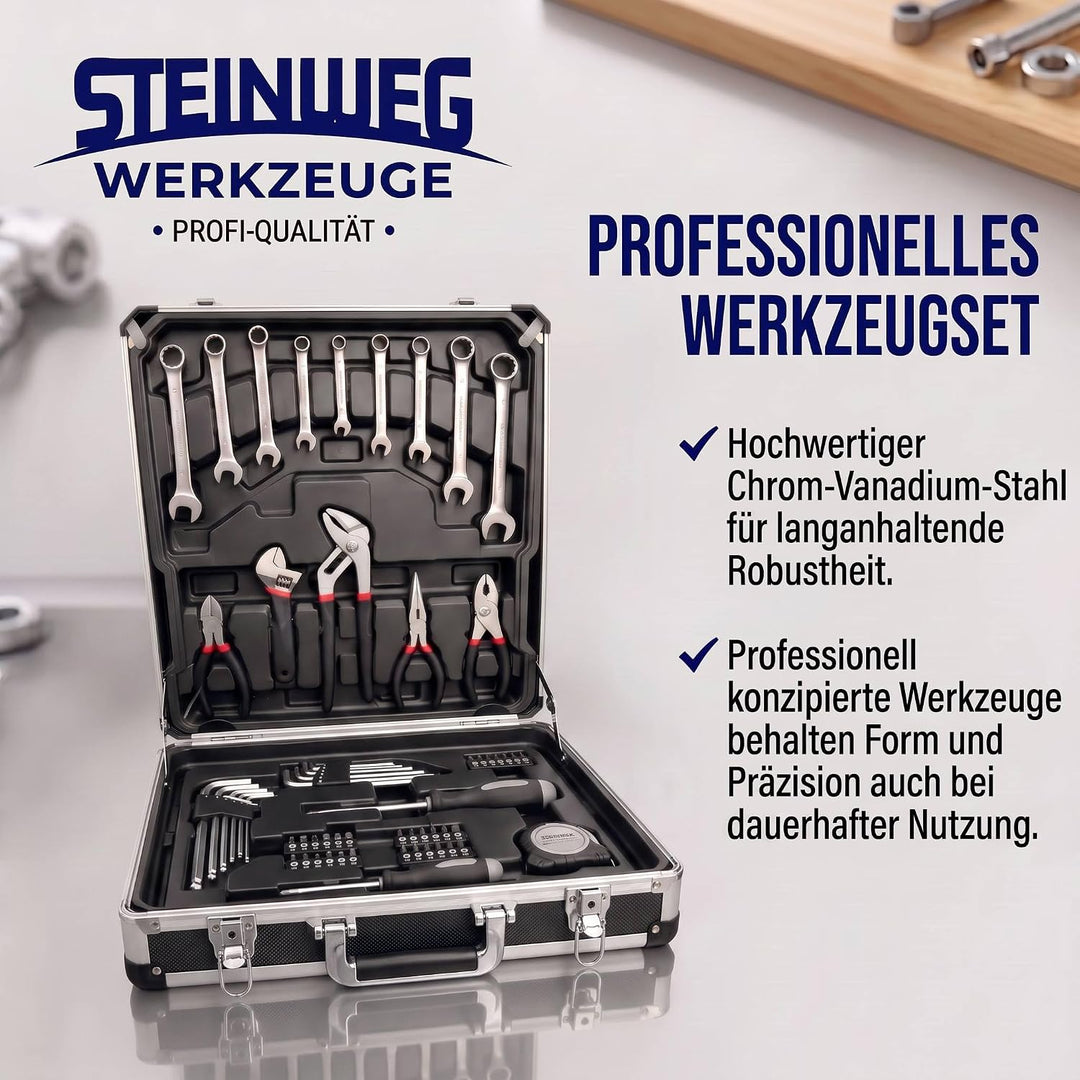 STEINWEG Aluminium Werkzeugkoffer Gefüllt 1400-tlg Werkzeug Set, Profi Werkzeugkoffer befüllt mit Sc