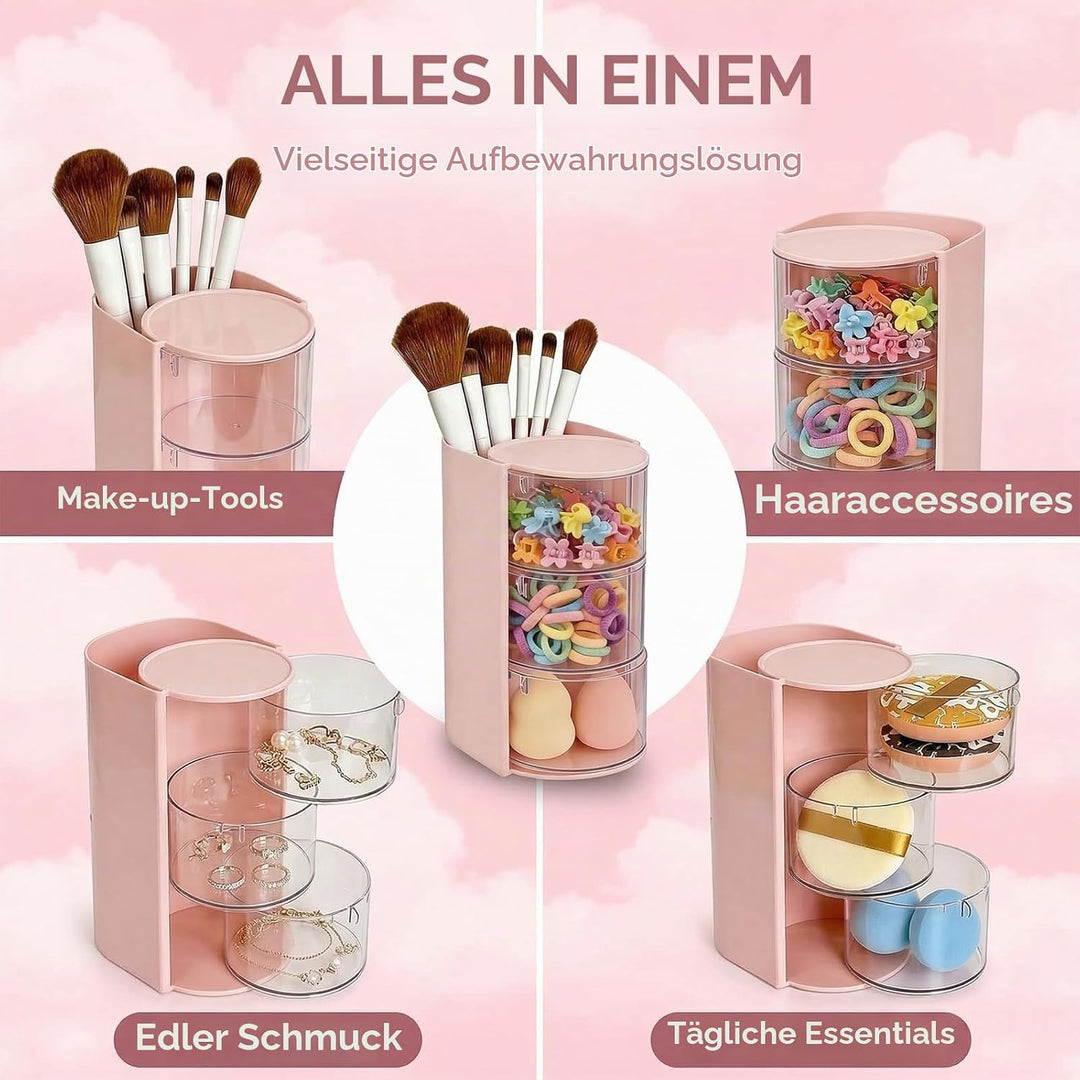 Make Up Organizer, Skincare Organizer mit Haargummi Aufbewahrung, Drehbarer Kosmetik Organizer für S