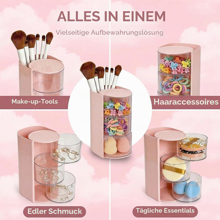 Make Up Organizer, Skincare Organizer mit Haargummi Aufbewahrung, Drehbarer Kosmetik Organizer für S