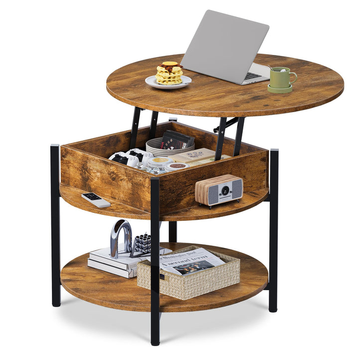 WLIVE Couchtisch Rund mit Hebeplatte, Wohnzimmertisch Höhenverstellbar mit Stauraum, 60 x 60 x 50 cm