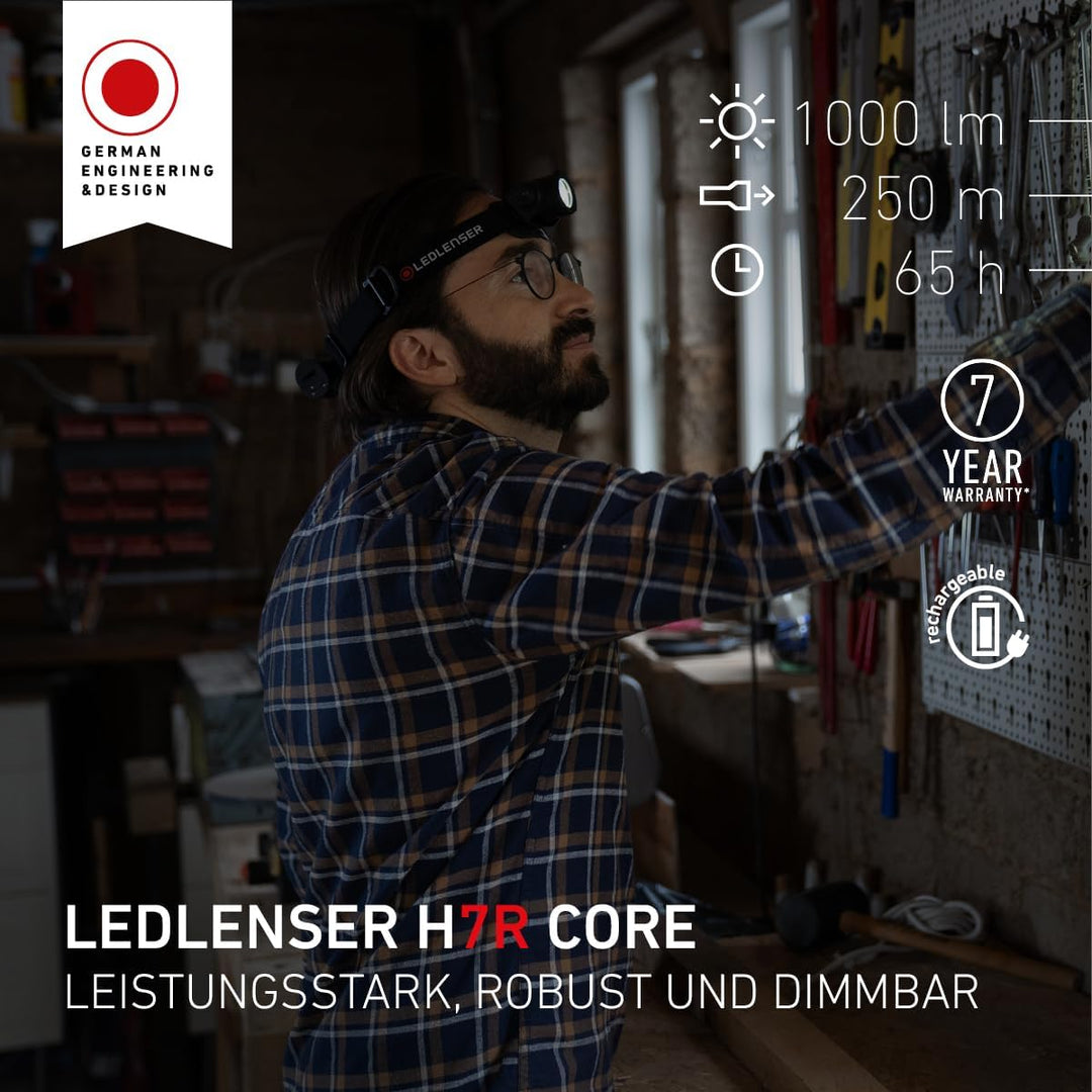 Ledlenser H7R Core Stirnlampe LED, 1000 Lumen, aufladbar mit Lithium Akku, wasserdicht IP67, fokussi