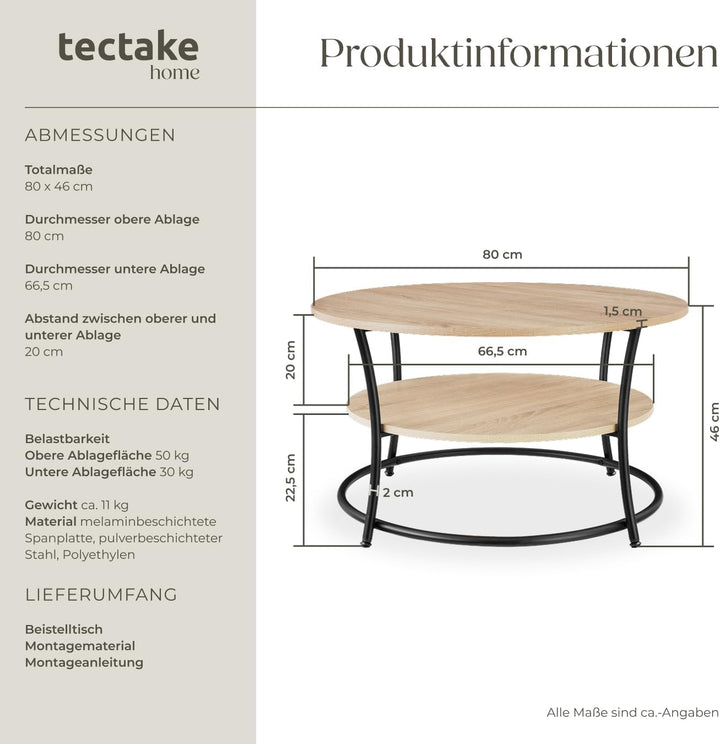 tectake® Tisch rund, 2 Ablagen, Wohnzimmertisch Ø 80, Couchtisch mit Stauraum, Beistelltisch Holz un