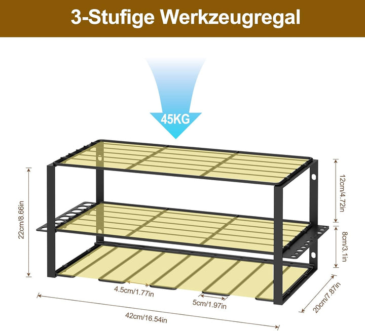 smusei Werkzeugspeicher Wandhalterung, 3 Ebenen Metall Werkzeughalter Werkstatt Organizer, Professio