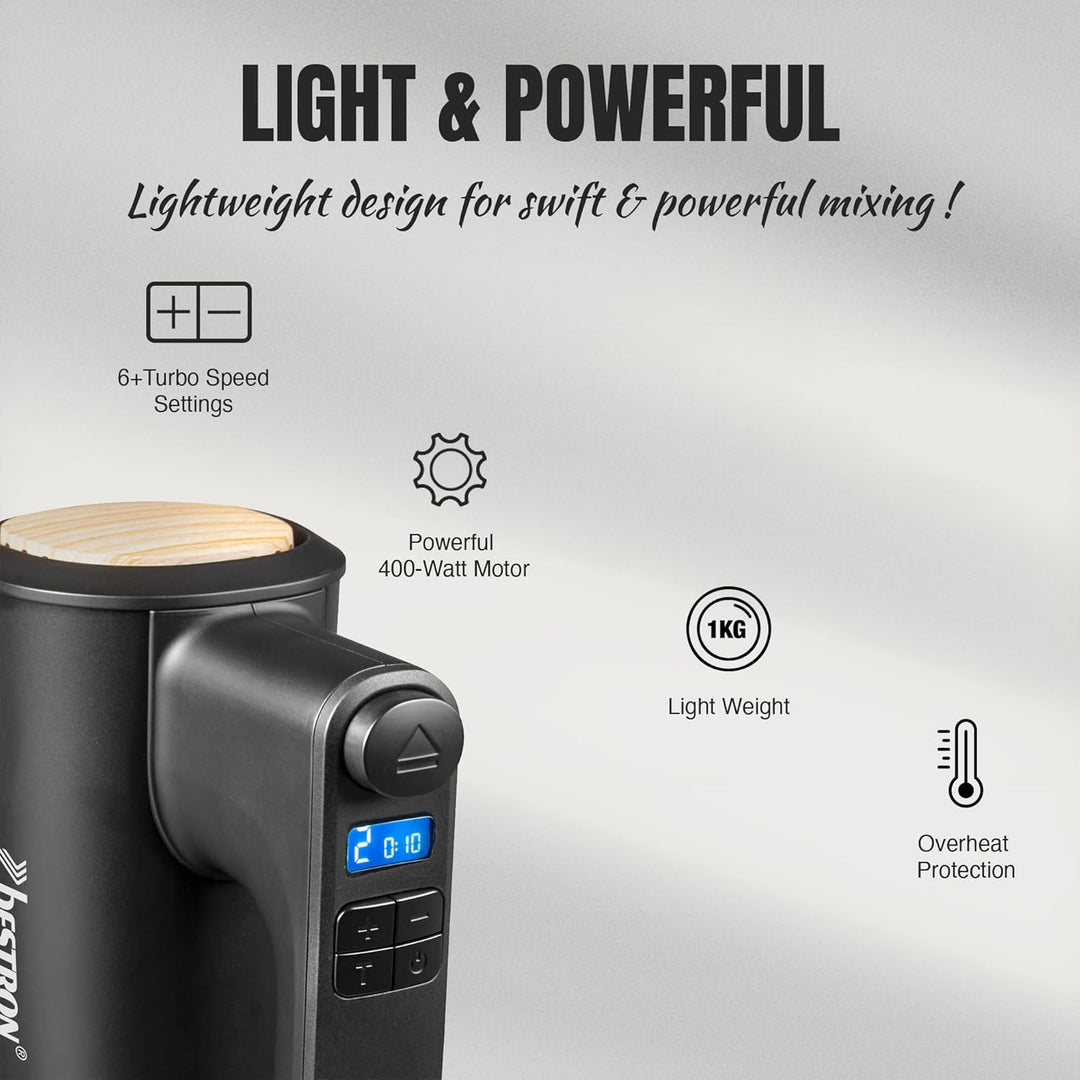 Bestron Power Handmixer, Leistungsstarker Handmixer mit 6 Stufen, Turbo-Funktion & LCD-Display, Rühr