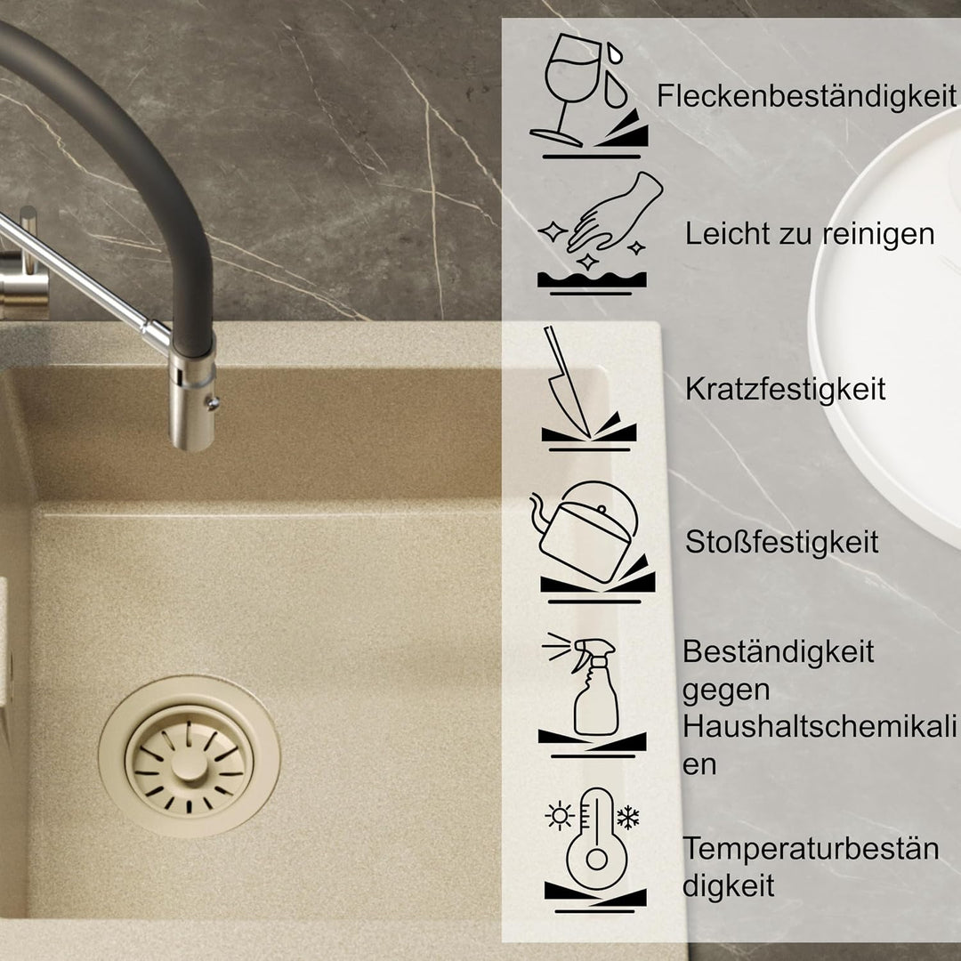 QUADRON | CHRISTIAN 111 | Granitspüle | 1-Becken-Einbau | Abmessung: 78 x 45 x 18,5 cm | Schrankunte