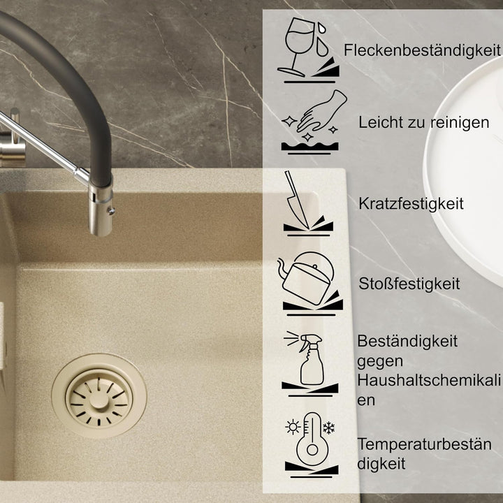 QUADRON | CHRISTIAN 111 | Granitspüle | 1-Becken-Einbau | Abmessung: 78 x 45 x 18,5 cm | Schrankunte