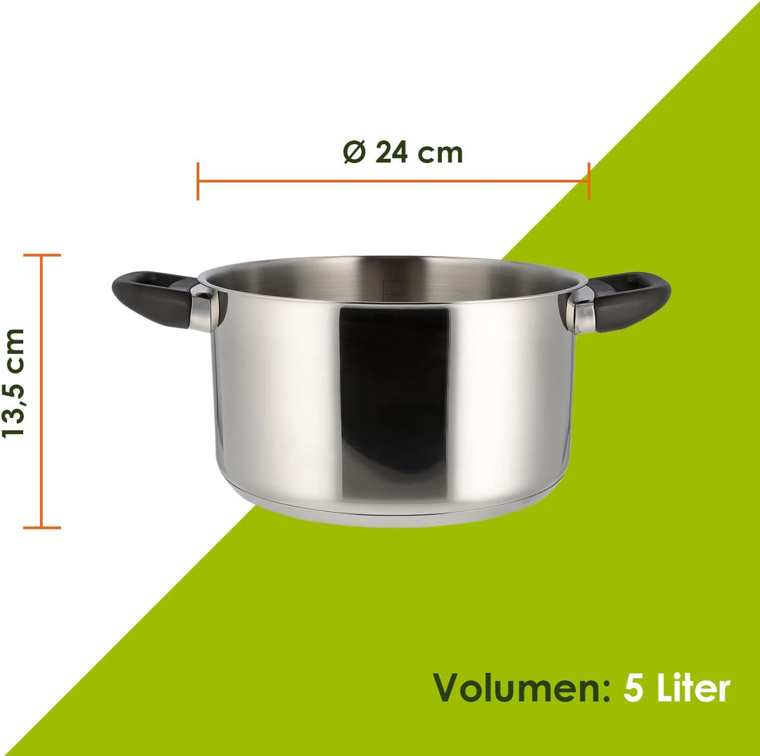 Level One Topf Kochtopf Fleischtopf 24 cm Induktion, Edelstahl unbeschichtet inkl. Glasdeckel | 13,5