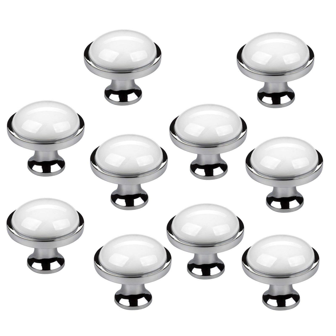 SO-TECH® 10er SET Schrankgriffe Kommodengriffe ANSGAR Ø: 34 mm weiss mit Metallfuss in Chrom poliert