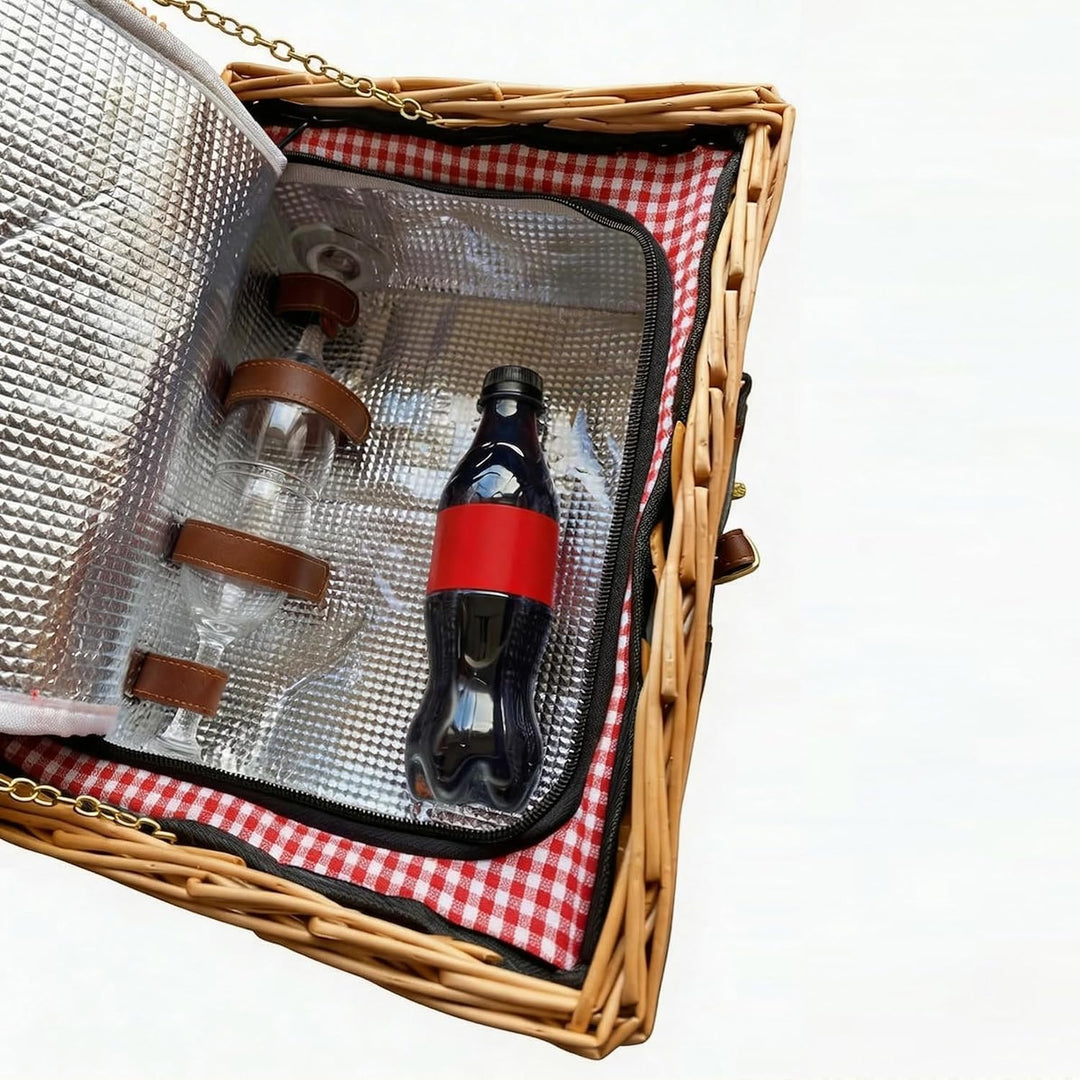 eGenuss Handgefertigtes Picknickkorb für 2 Personen – Kühlfach, Multifunktionsmesser, Edelstahlbeste