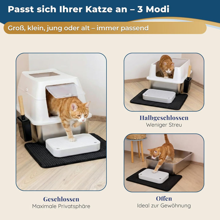 Katzenklo Edelstahl mit Deckel XXL – Geschlossene Katzentoilette mit 2 Eingängen, Trittstufe, Schauf