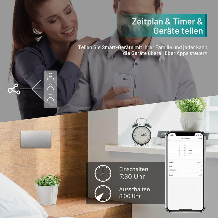 BSEED Doppelschalter Smart Alexa Lichtschalter aus Glas, WiFi Touch Wandschalter 1 Fach 1 Weg (Neutr