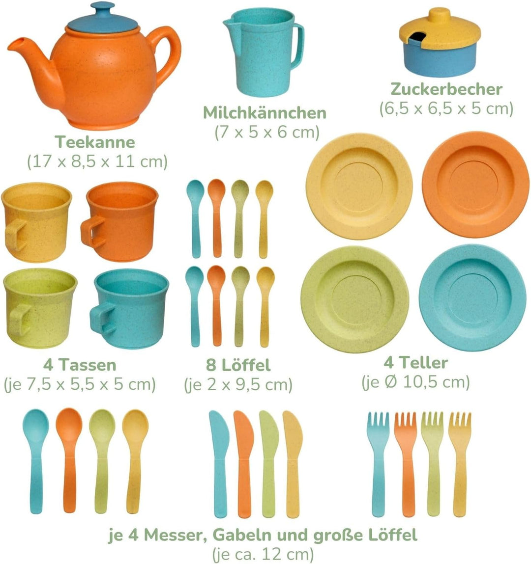alldoro 68723 Kinderküchen Teeservice mit Besteck, 32 tlg. Set aus nachhaltigem Kunststoff-Weizenstr