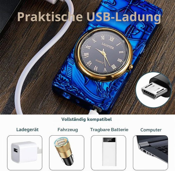 Elektrisches Feuerzeug mit Muster, Personalisierbar mit Uhr, Lichtbogen mit Batterieanzeige, Plasma