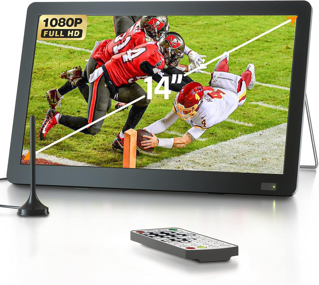 DESOBRY 14.1 Zoll Tragbarer Fernseher mit DVB-T2 HD Antenne & 3000mAh Akku, Full HD HDMI/USB/AV Ans