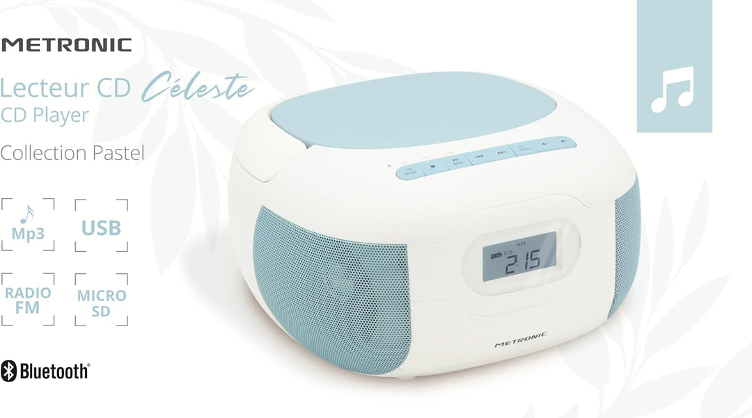 CD Player Radio Celeste Bluetooth, MP3 mit USB-Anschluss, Micro-SD-Karte - Blau - Metronic 477187