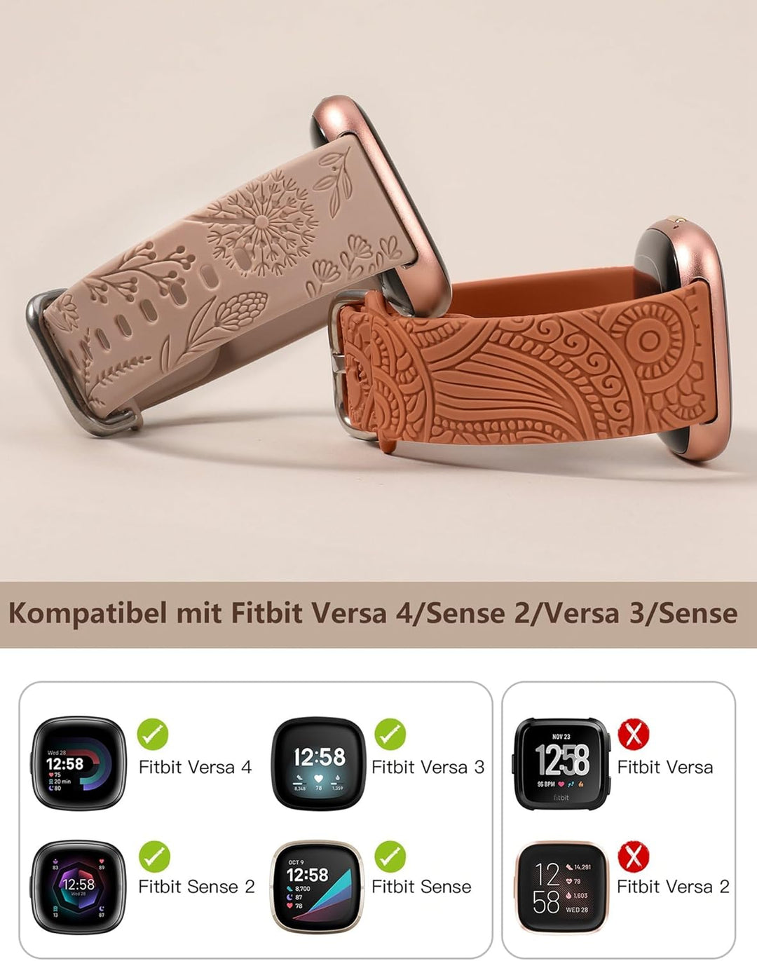 TOYOUTHS 2 Stück Floral Gravierte Armband kompatibel mit Fitbit Versa 4/Versa 3/Sense 2/Sense Armban