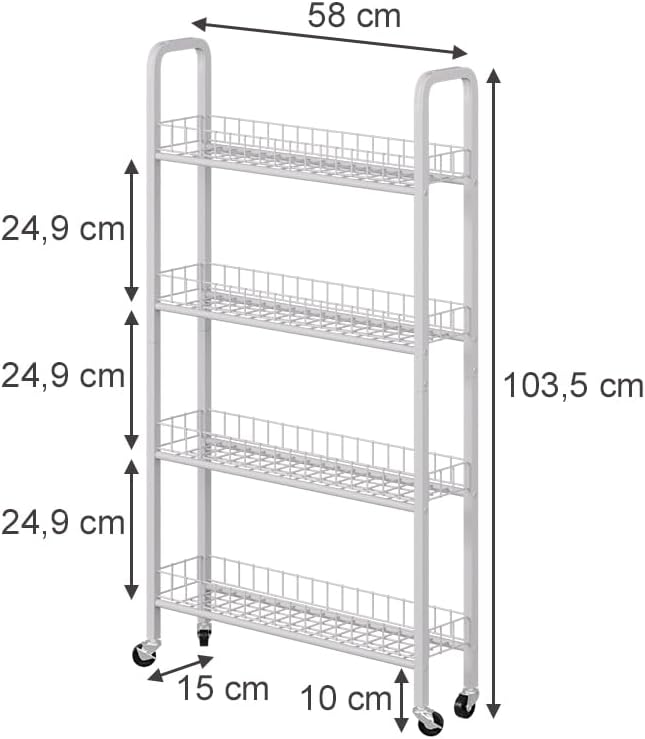 Vicco Rollregal Rolivo, Weiss, 58 x 15 cm mit 4 Fächern, auf Rollen flexibel positionierbar für schm