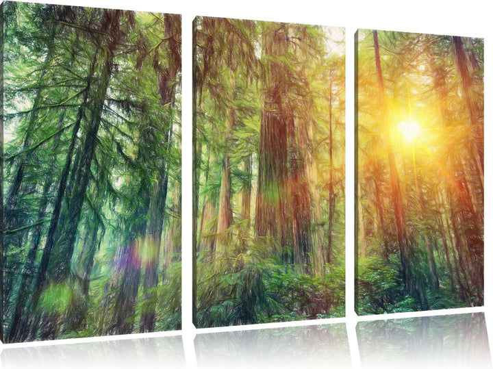 Pixxprint Wald bei Sonnenlicht / 3-Teilig/Gesamtmass 120cm Leinwandbild bespannt auf Holzrahmen/Wand
