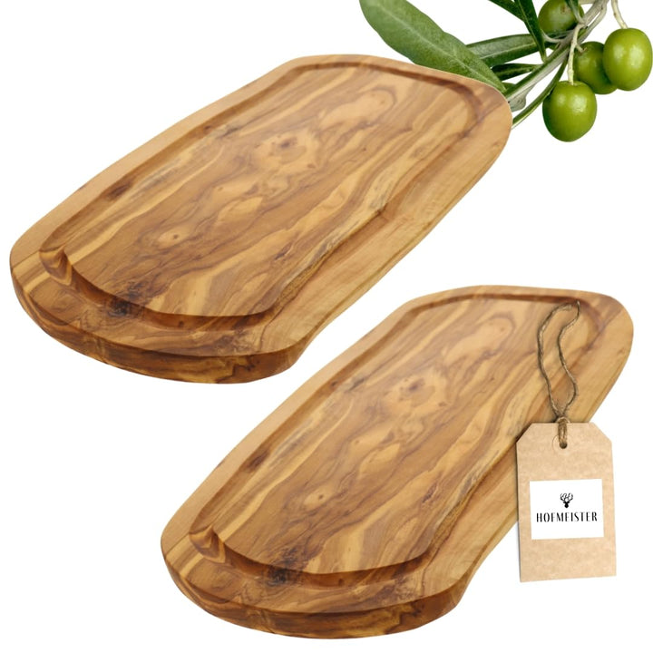2x HOFMEISTER® Schneidebrett Saftrille Olivenholz - praktisches Set aus zwei Brettern aus Olive mit