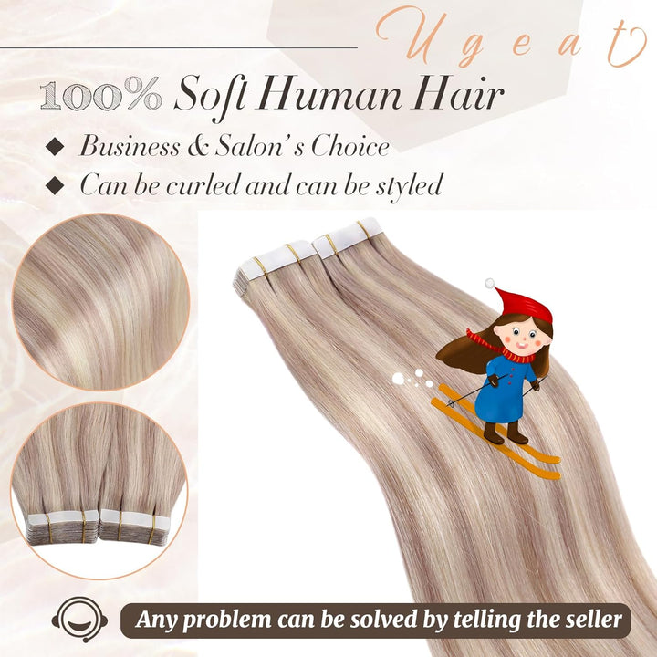 Ugeat Tape in Extensions Echthaar Blond Gesträhnt Haarverlängerung Echthaar Tape 20 Stücke P18/613 A