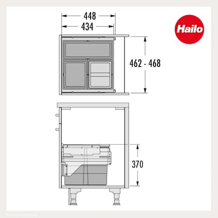 Hailo Abfallsammler 361083 | für 50 cm Schrank mit Möbelfront | 3fach Trennung 43 Liter | Mülleimer