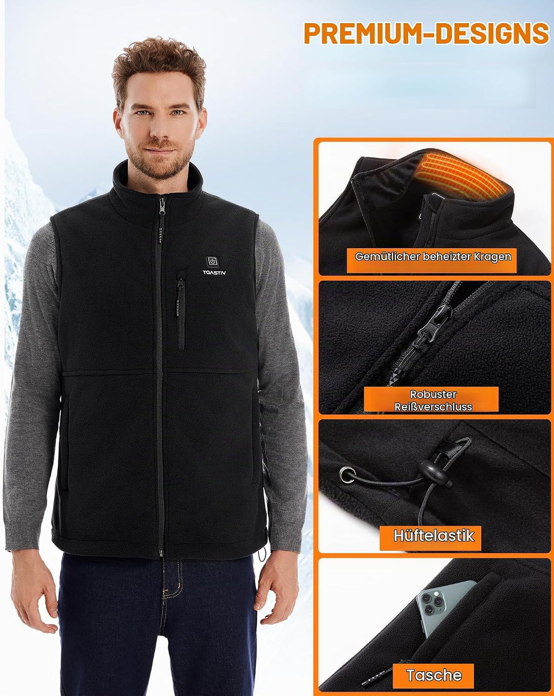 Beheizbare Weste, Polarfleece Heizweste Herren, Elektrische beheizte Weste mit 3 Temperaturen, 6 Hei