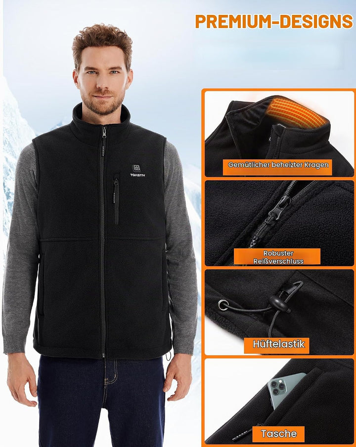 Beheizbare Weste, Polarfleece Heizweste Herren, Elektrische beheizte Weste mit 3 Temperaturen, 6 Hei