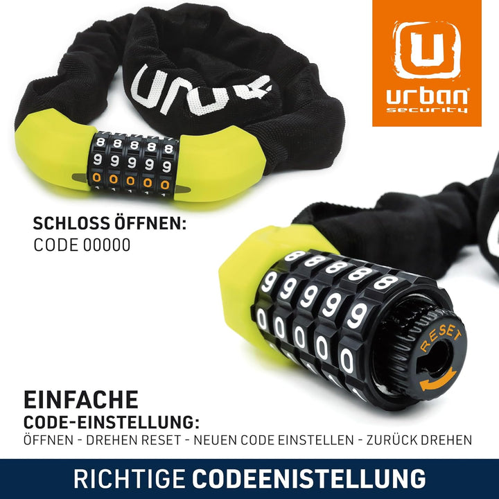 urban UR890 Fahrradschloss Ø8 100cm Stahlkette mit Kombination aus Sicherheitscode und Textilabdecku