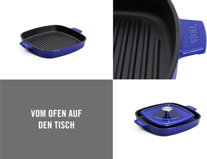 Woll Iron Gusseisen Grillpfanne viereckig mit Rillen, inkl. Steakpresse und Silikongriffen - Indukti