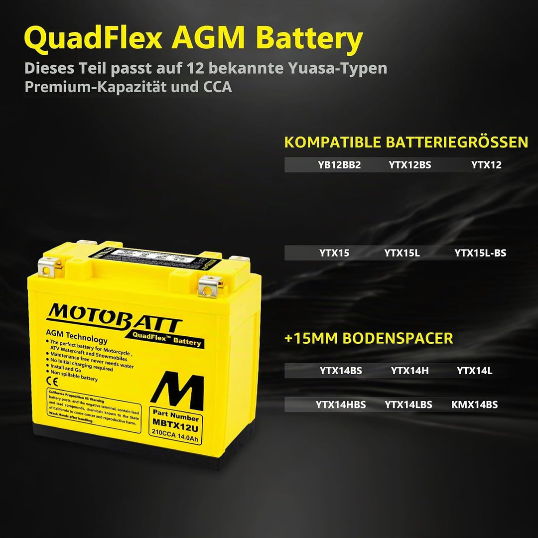 MotoBatt MBTX12U (12V 14 Amp) 200CCA Factory Activated QuadFlex AGM Battery