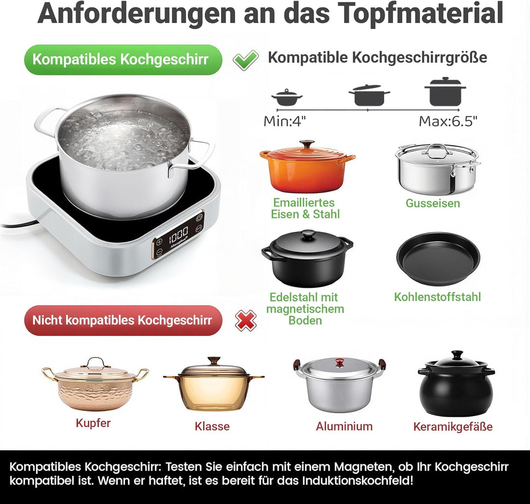 Mini Induktionskochplatte, 1000W Mini induktionskochfeld 1 Platte, Induktionsplatte mit 7 Leistungss