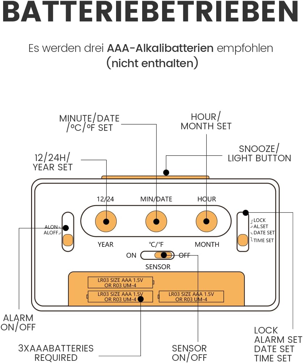 aboveClock Wecker Digital, Digitaler Wecker Holz mit Grosse Temperaturanzeige, Tischuhr mit Snooze,