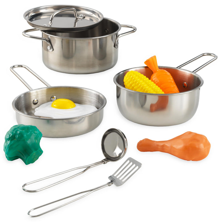 KidKraft Deluxe Kochset aus Metall mit Spielzeug-Lebensmitteln für Kinderküche, Spielküche Zubehör,