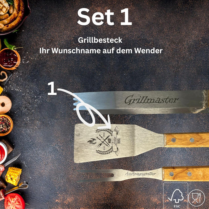 Grill-Set mit Gravur Edelstahl – BBQ Geschenkset OPTIONAL mit Akazienbrett – Grillzubehör für Männer